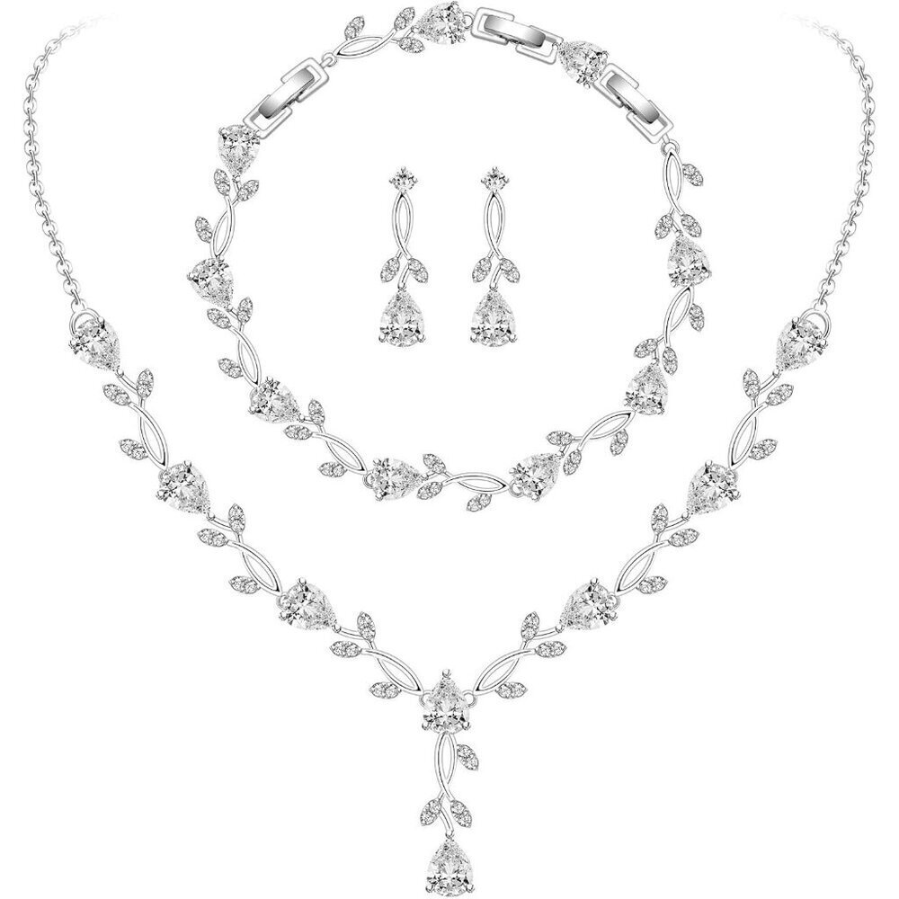 Wedding Jewelry Set Brass Cubic Zirconia Necklace Earrings Bracelet for Women